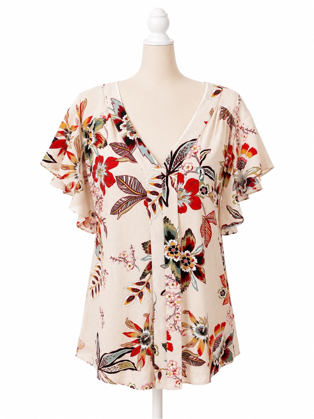 Sanctuary Floral Blouse XS Ivory V-Neck Flutter Sleeve Boho 100% Viscose Top